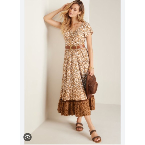NWT Soft Surroundings Kara Tiered Midi Dress Mocha Leopard Med 10-12 Animal Tan - Picture 1 of 12